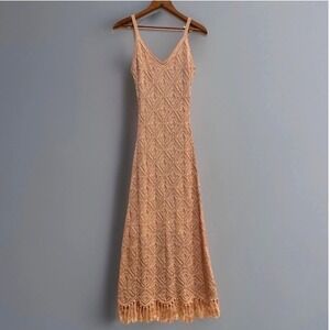 Crochet Diamond Knit Fringe Hem Maxi Dress Tan M Cottage Boho Festival Summer